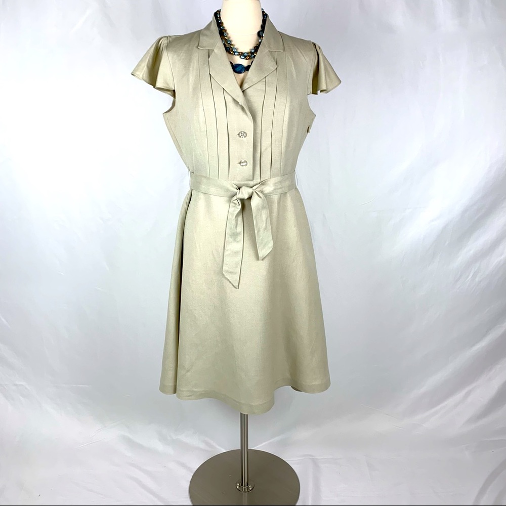 Calvin Klein VINTAGE Tan Linen Flutter-Sleeve Fit and Flare Dress Sz 12